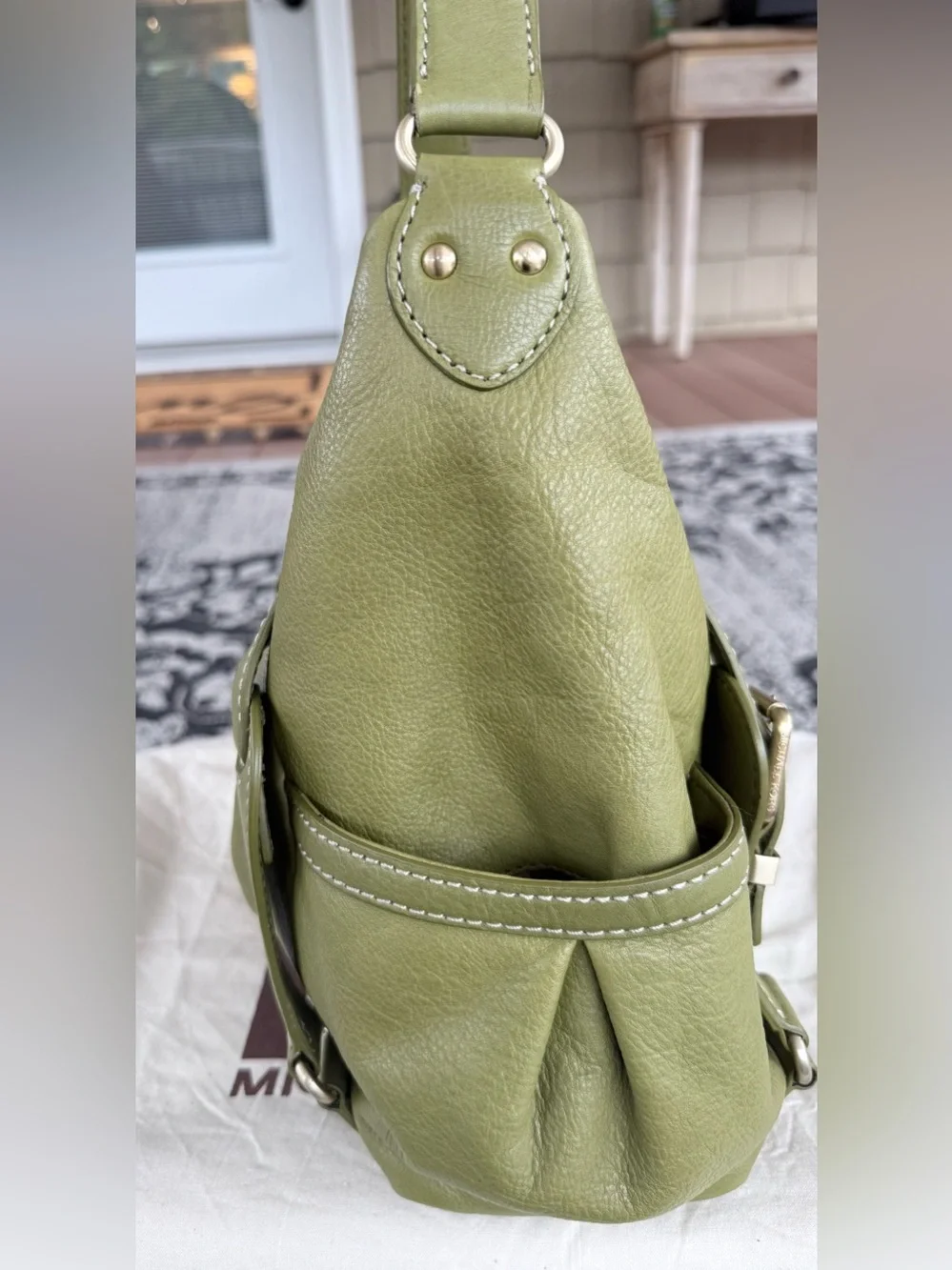 Michael Kors Olive Green Leather Studded Hobo Shoulder Bag